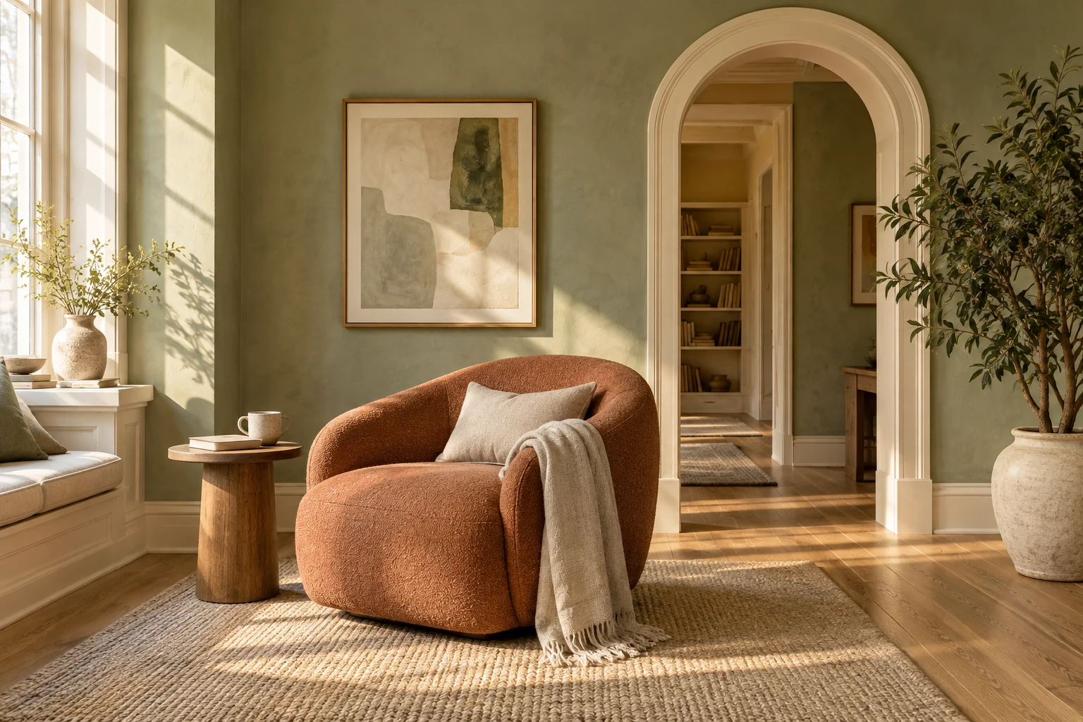 Detailed interior concept with sage walls, cream arched trim, a terracotta woven chair, oak floors, a leafy plant, and warm window light.